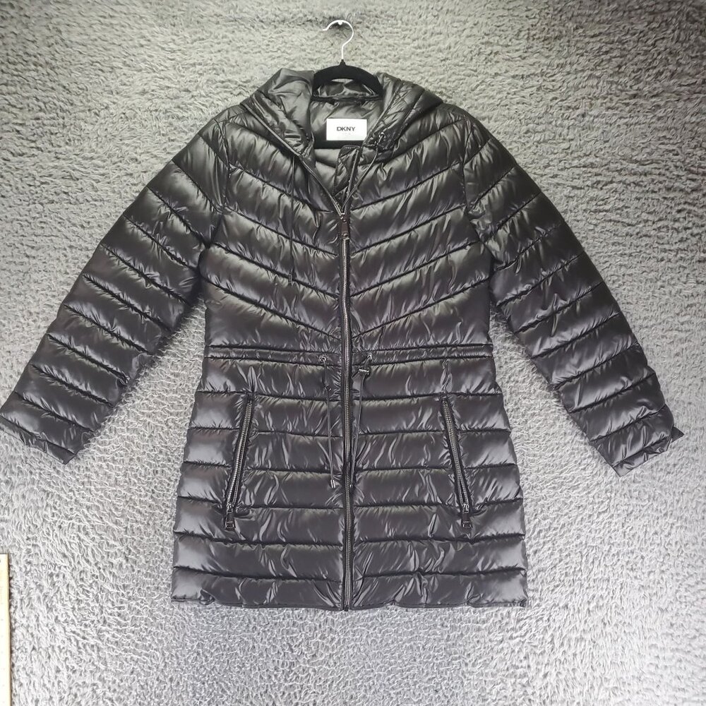 DKNY Coat Womens Size Small Black Hooded Puffer 100% Polyester Machine Washable